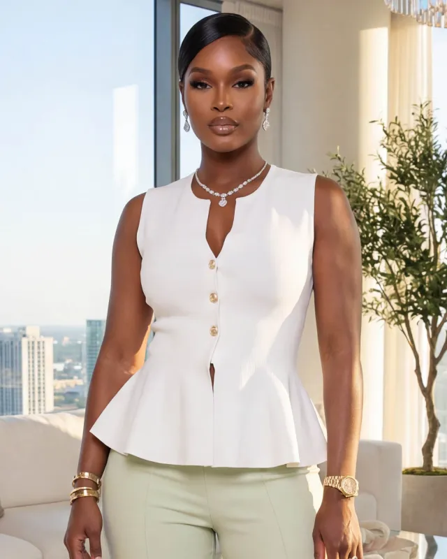 Calista White Gold Buttons Knit Peplum Top made by Chic Couture