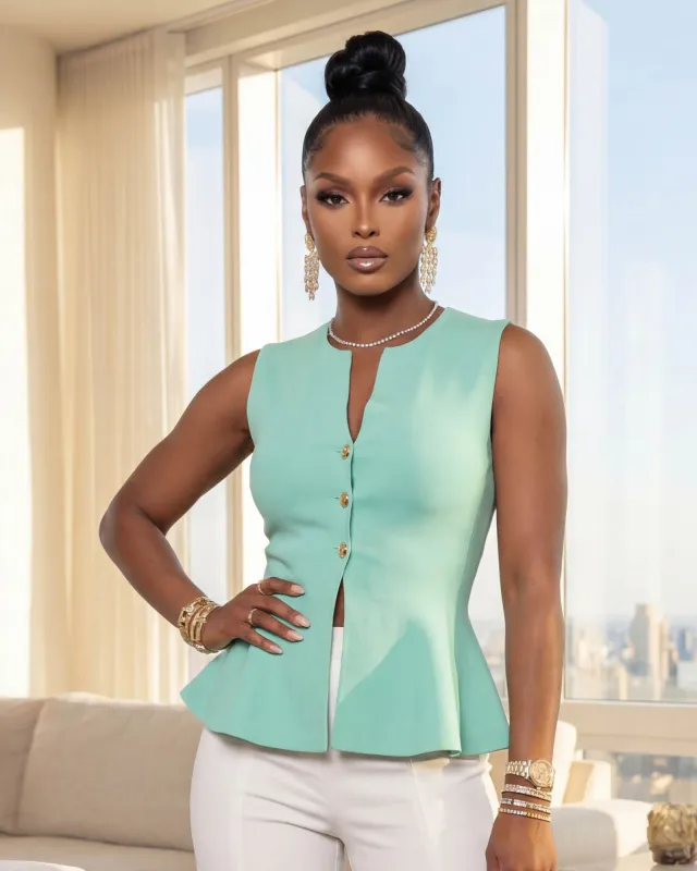 Calista Mint Gold Buttons Knit Peplum Top made by Chic Couture