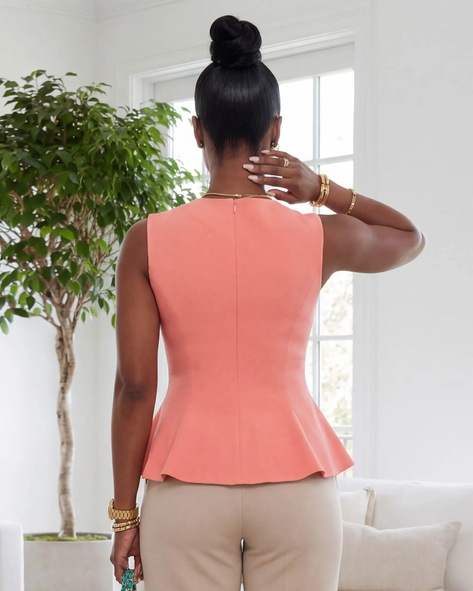 Calista Coral Gold Buttons Knit Peplum Top sold by Chic Couture product image thumbnail 3