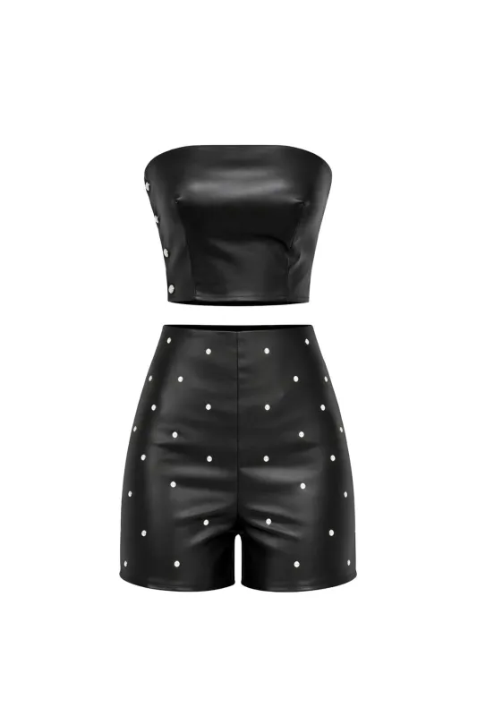 Larsha Black Silver Decor Faux Leather Shorts Set made by Chic Couture