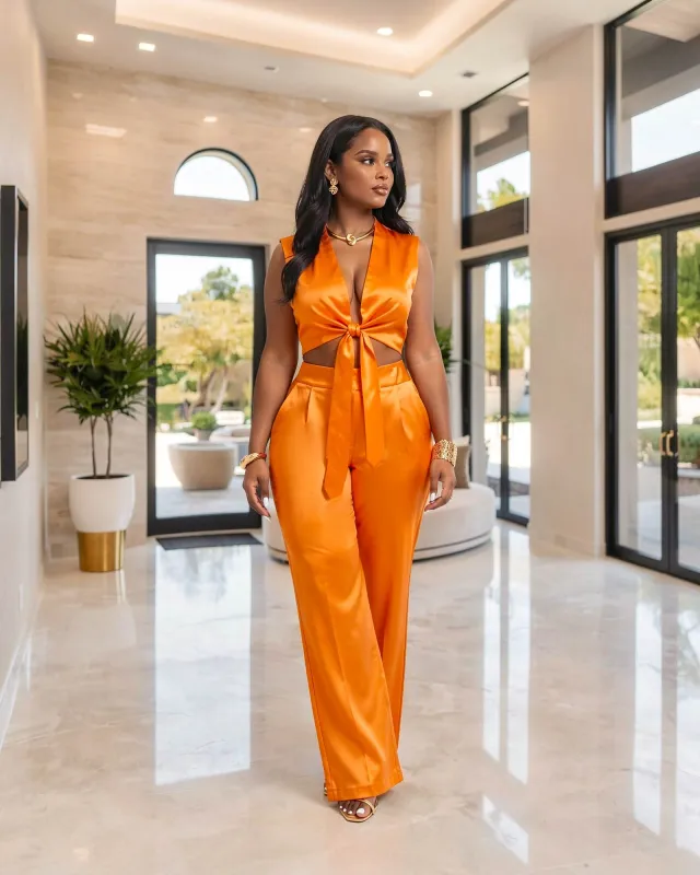 Karri Orange Silky Crop Top & Pants Set made by Chic Couture