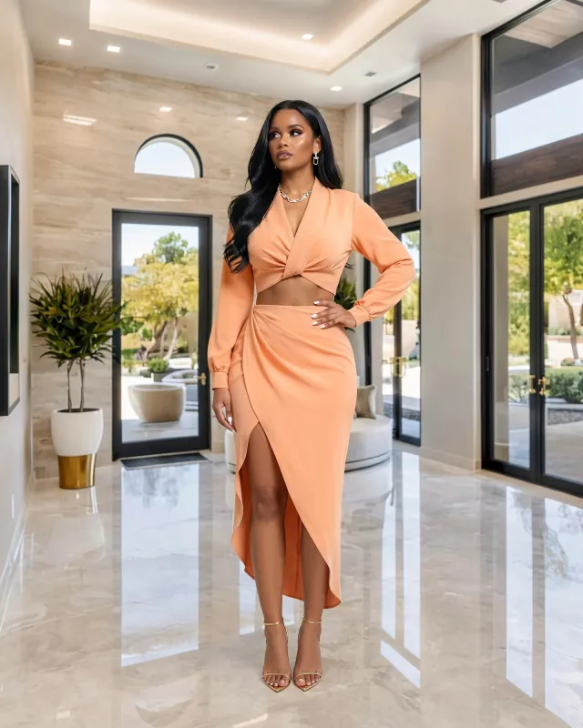 Larrine Peach Top & Slit Skirt Satin Set made by Chic Couture