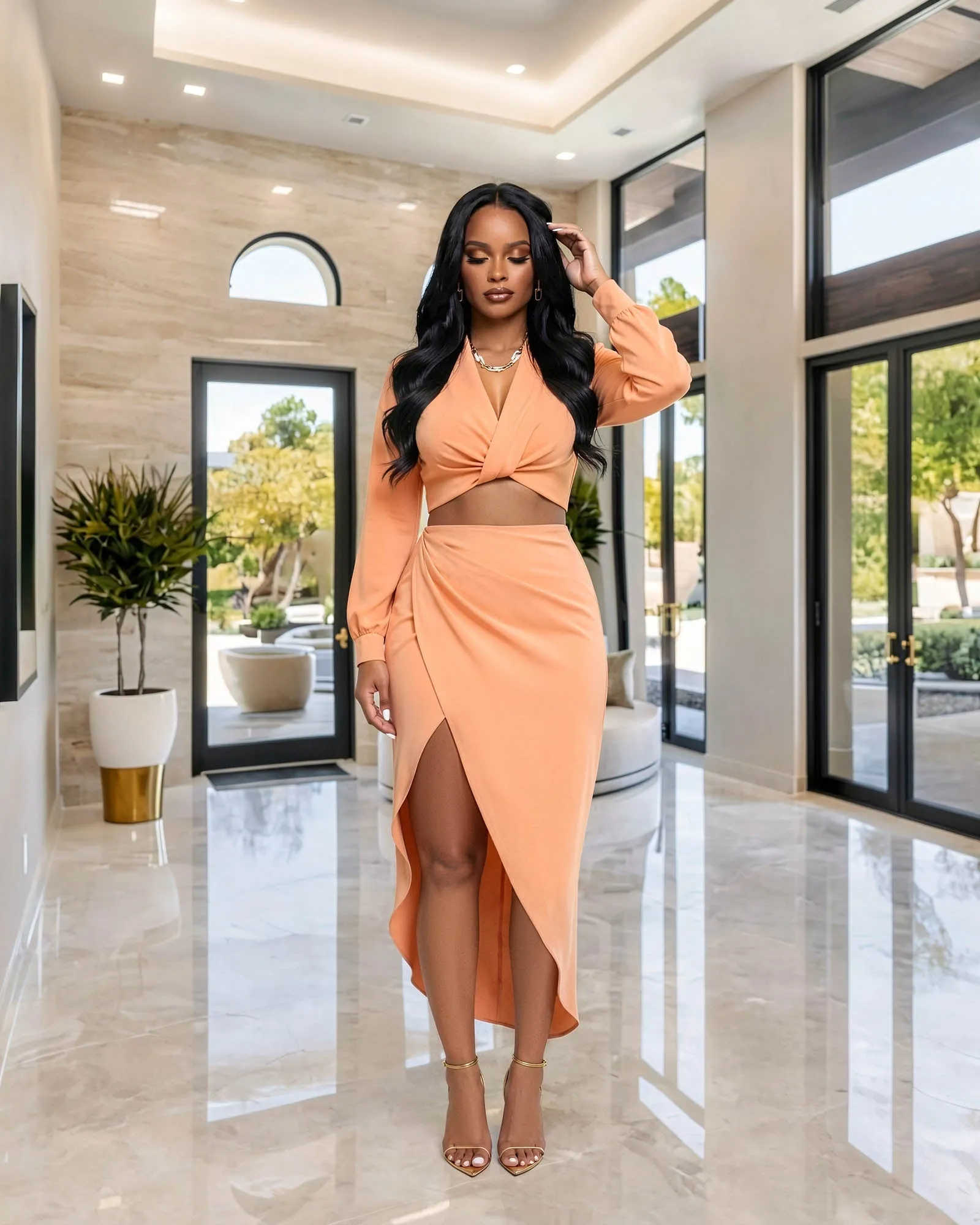 Larrine Peach Top & Slit Skirt Satin Set sold by Chic Couture product image thumbnail 2