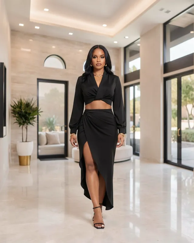 Larrine Black Top & Slit Skirt Satin Set made by Chic Couture