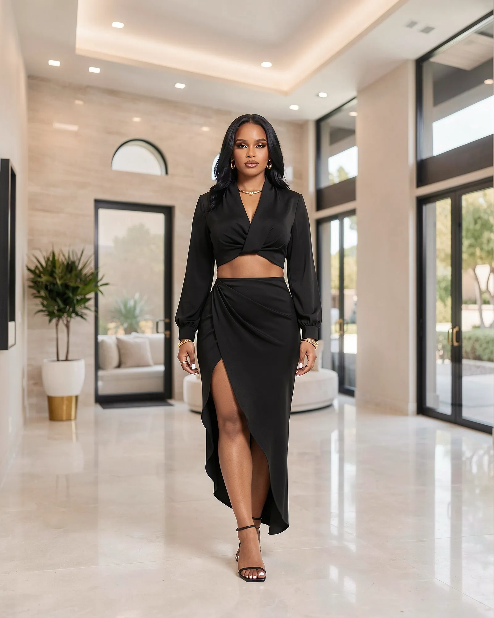 Larrine Black Top & Slit Skirt Satin Set sold by Chic Couture