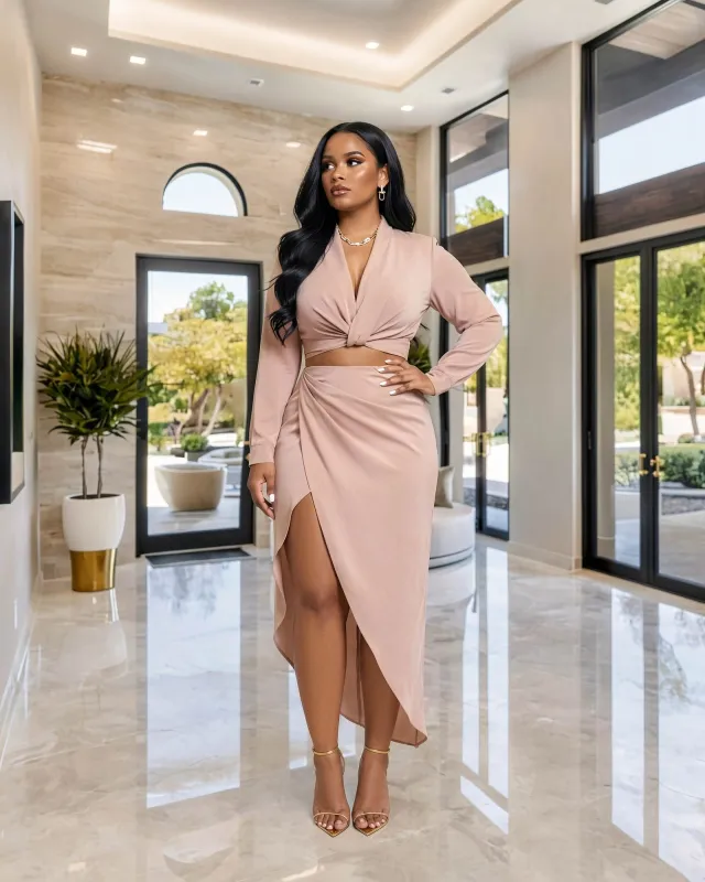 Larrine Beige Top & Slit Skirt Satin Set made by Chic Couture