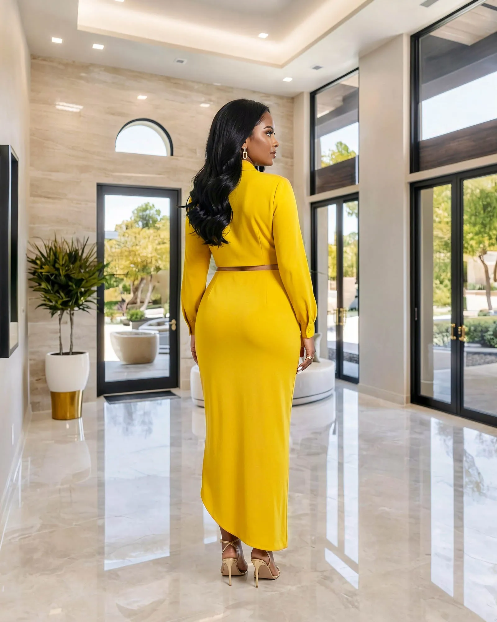 Larrine Mustard Yellow Top & Slit Skirt Satin Set sold by Chic Couture product image thumbnail 3