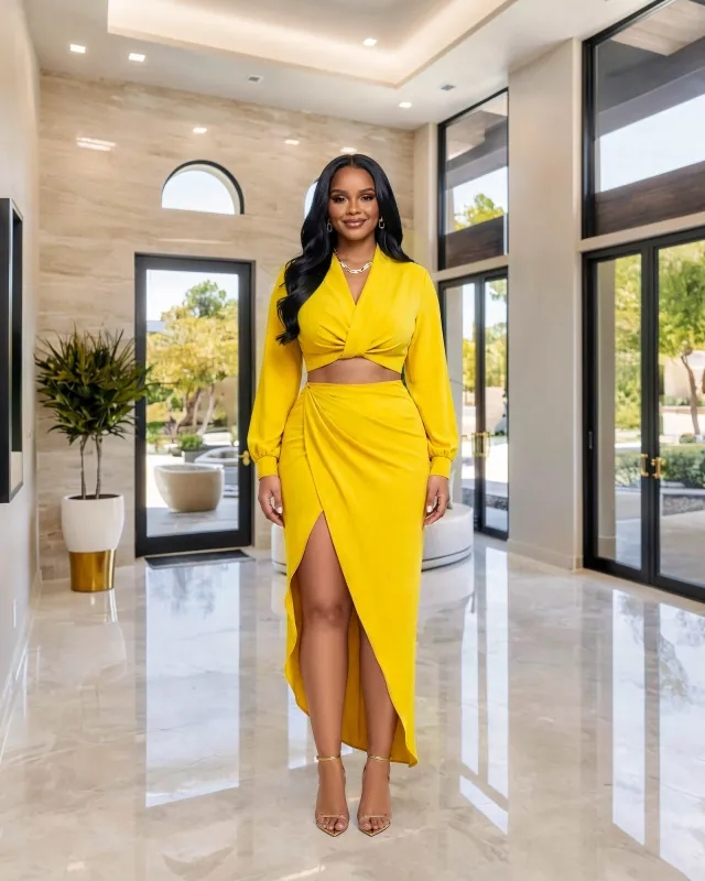 Larrine Mustard Yellow Top & Slit Skirt Satin Set made by Chic Couture