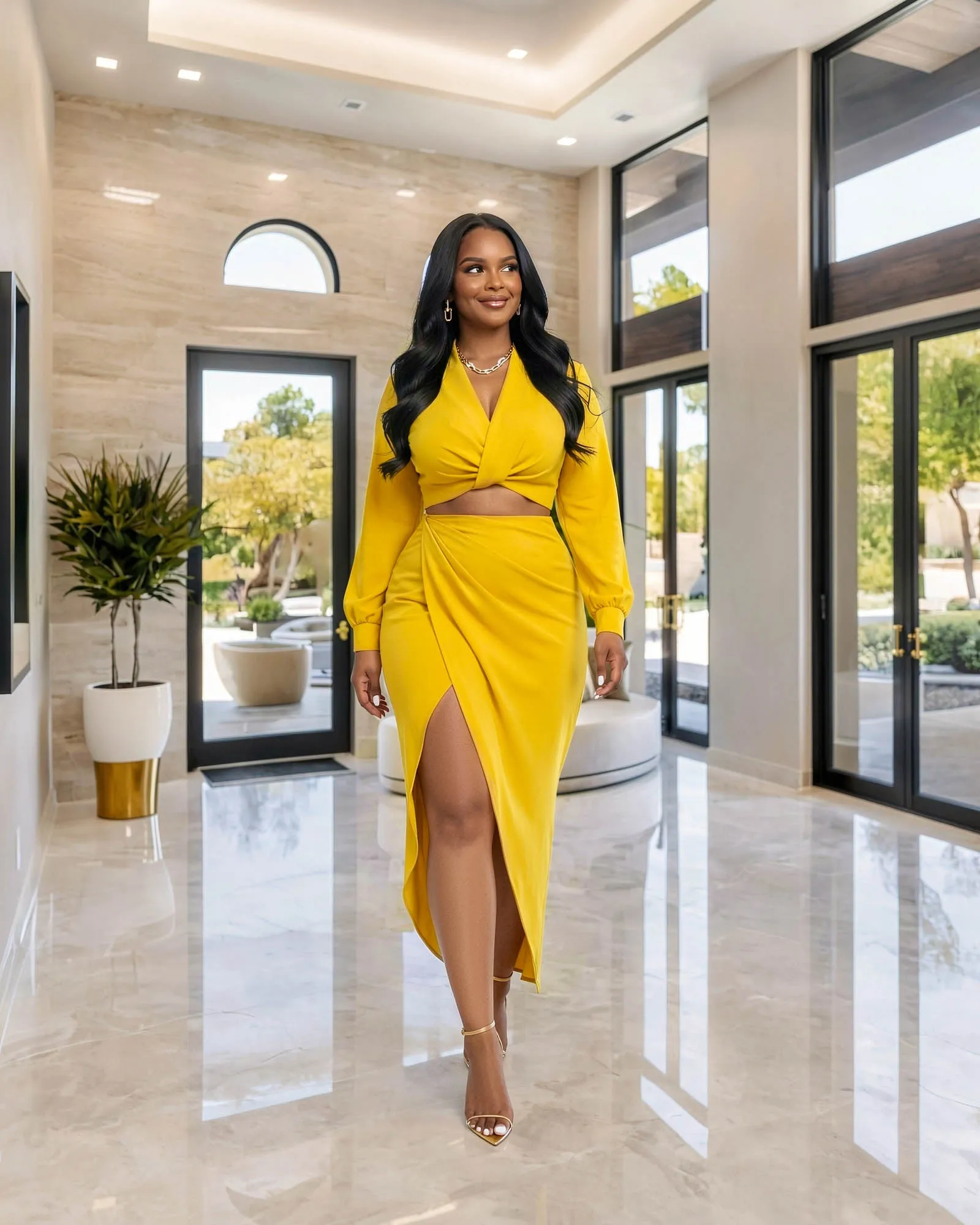 Larrine Mustard Yellow Top & Slit Skirt Satin Set sold by Chic Couture product image thumbnail 2