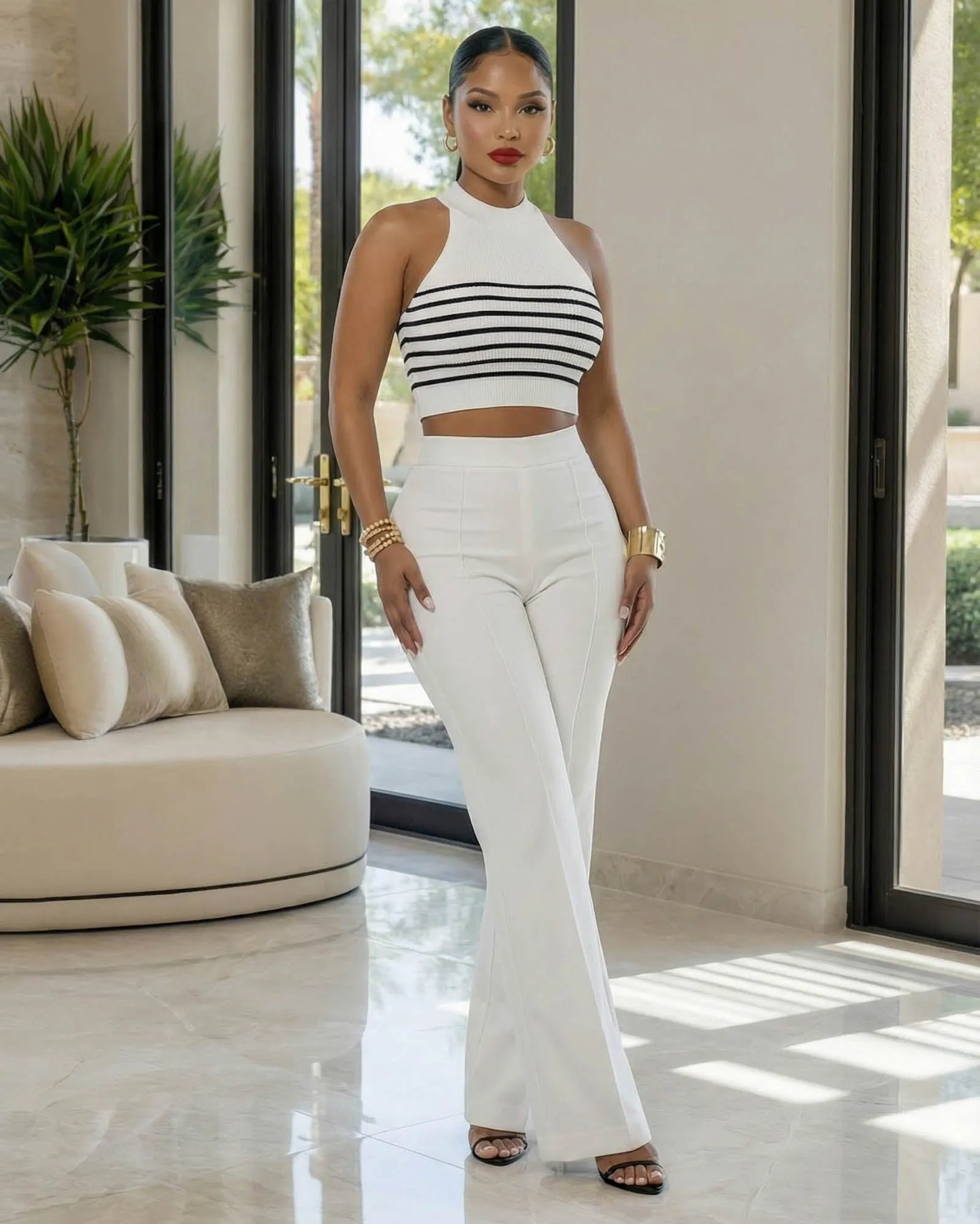 Sabine White Black Trim Stripes Knit Top & Pants Set sold by Chic Couture product image thumbnail 2