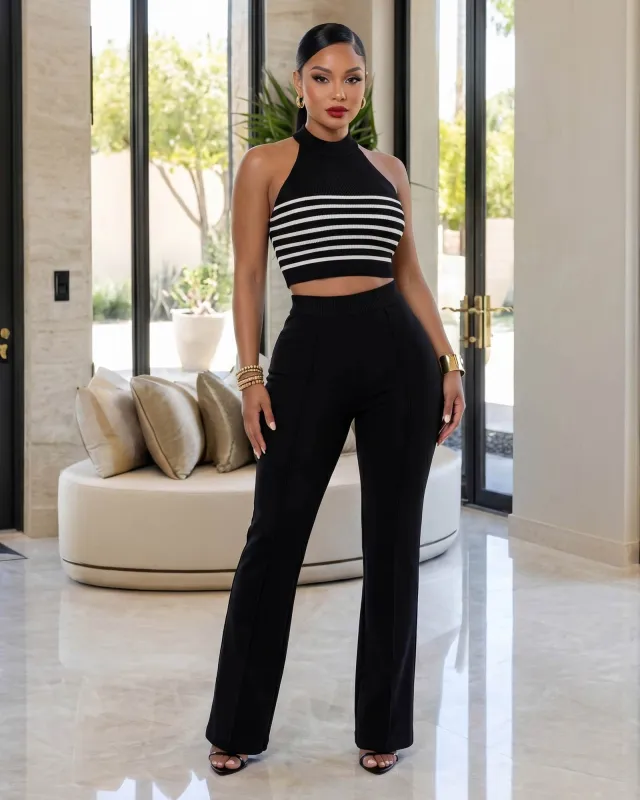 Sabine Black White Stripes Knit Top & Pants Set made by Chic Couture