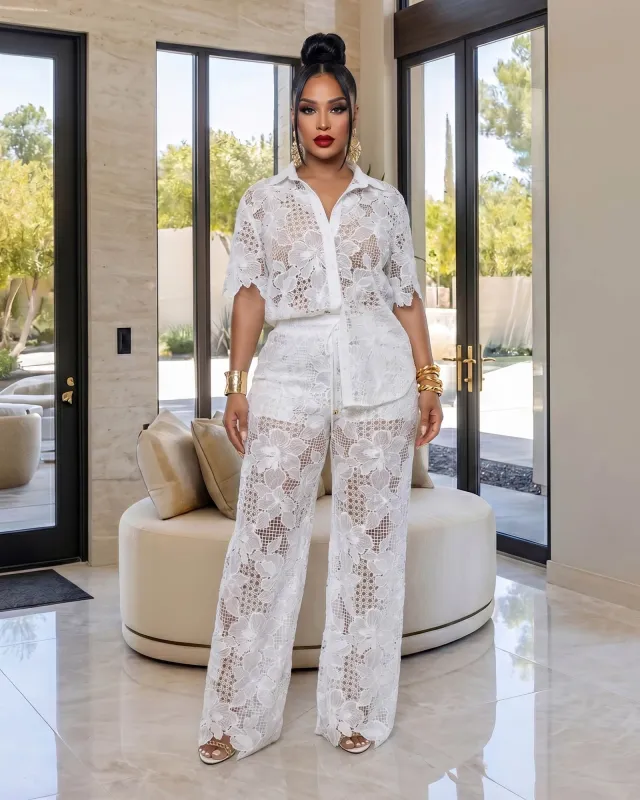 Rumie White Eyelet LUXE Shirt & Pants Set made by Chic Couture
