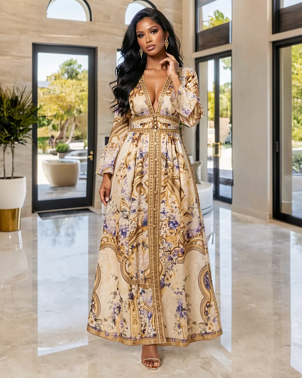 Aurora Brown Nude Multi-Color Print Midi Dress sold by Chic Couture product image thumbnail 2