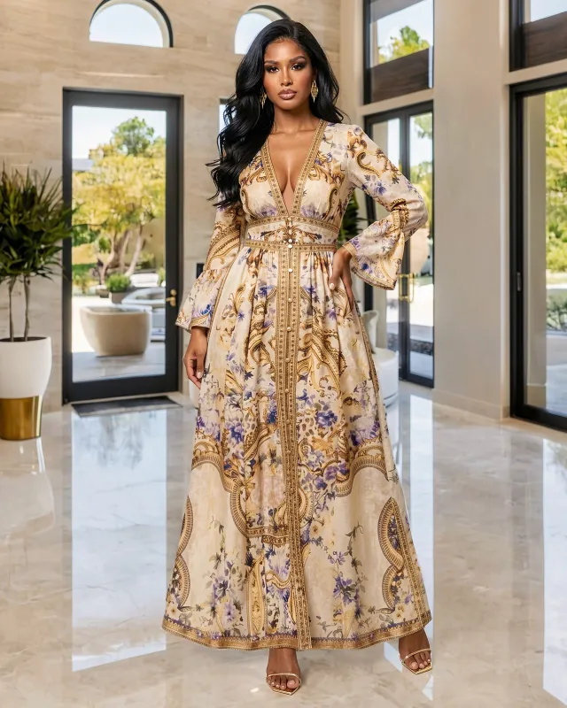 Aurora Brown Nude Multi-Color Print Midi Dress made by Chic Couture
