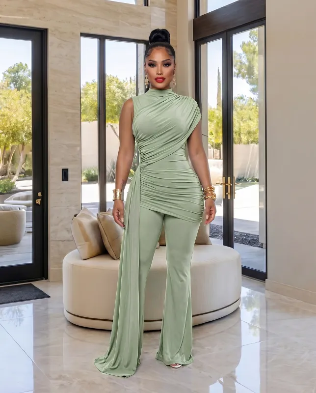 Alissa Sage Green Ruched Pants Set made by Chic Couture