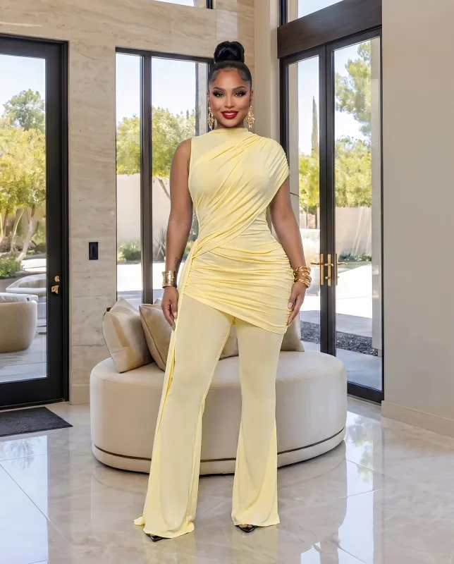 Alissa Light Yellow Ruched Pants Set made by Chic Couture