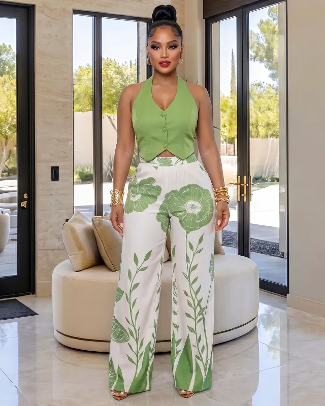 Safira Green Off-White Print Vest & Pants Set made by Chic Couture