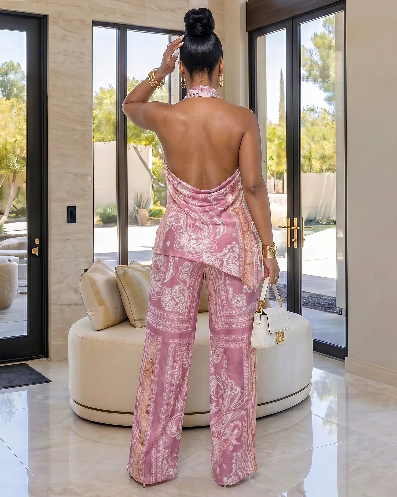Zenith Pink White Print Open Back LUXE Pants Set sold by Chic Couture product image thumbnail 2