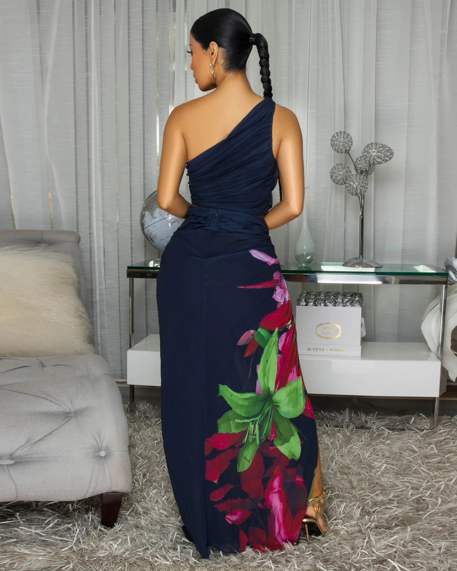 Mahalia Navy Multi-Color Floral Print Top & Pleated Maxi Skirt Set sold by Chic Couture product image thumbnail 4