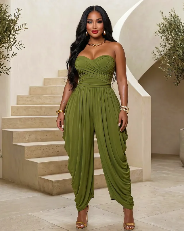 Alana Olive Green Draped Strapless Balloon Jumpsuit made by Chic Couture