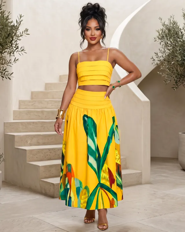 Sequoia Yellow Floral Print Pleated Top & Skirt Set made by Chic Couture