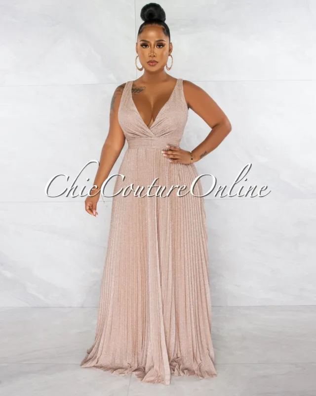 Sloane Blush Gold Shimmer Halter Pleated Maxi Dress sold by Chic Couture