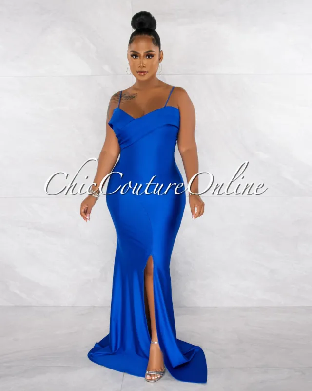 Klaus Royal Blue Off-The Shoulders Side Slit Maxi Dress sold by chic