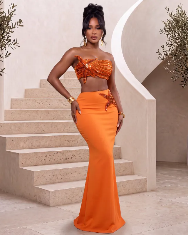 Francesca Tangerine Jeweled Top & Mermaid LUXE Maxi Skirt Set made by Chic Couture