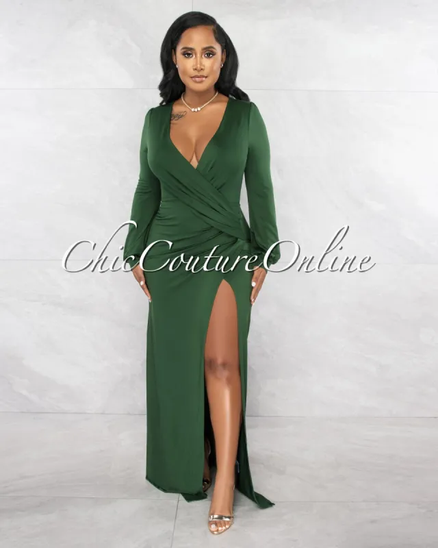 Camelia Hunter Green Drape Side Slit Maxi Dress sold by chic