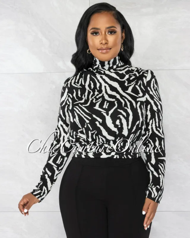 Kiane White Black Zebra Print Open Back Tie Crop Top sold by chic