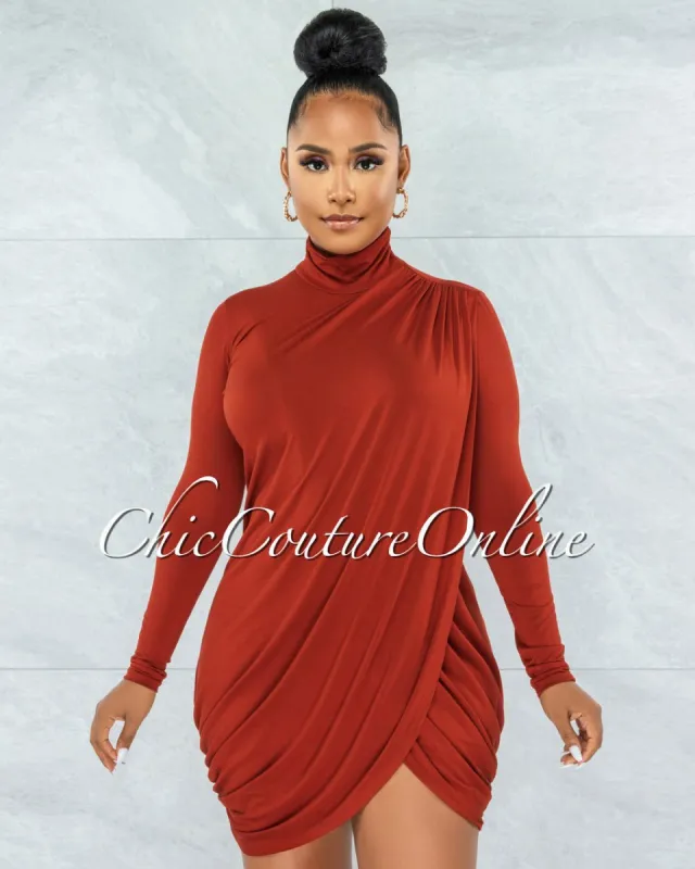 Tamira Rust Front Slit Drape Details Dress sold by chic
