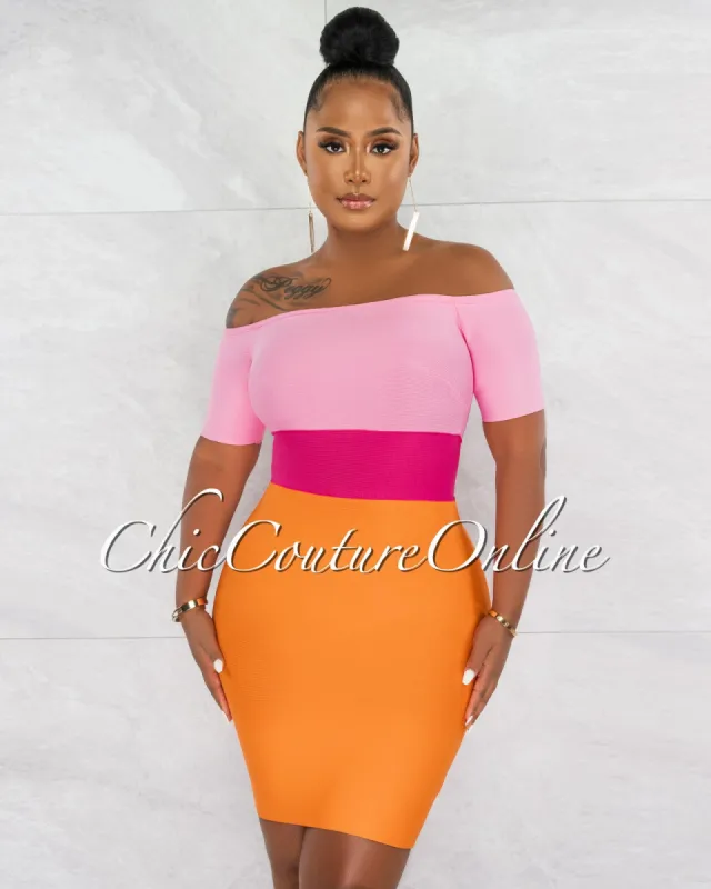 Murielle Pink Orange Block Color Bandage Mini Dress sold by chic