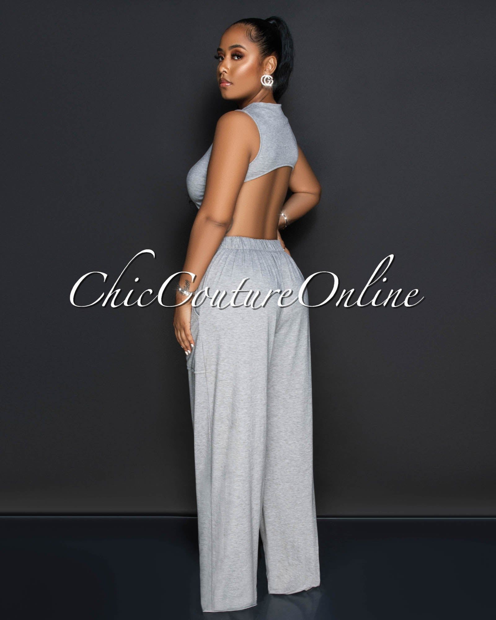 Gladys Gray Open Back Utility Jumpsuit sold by Chic Couture