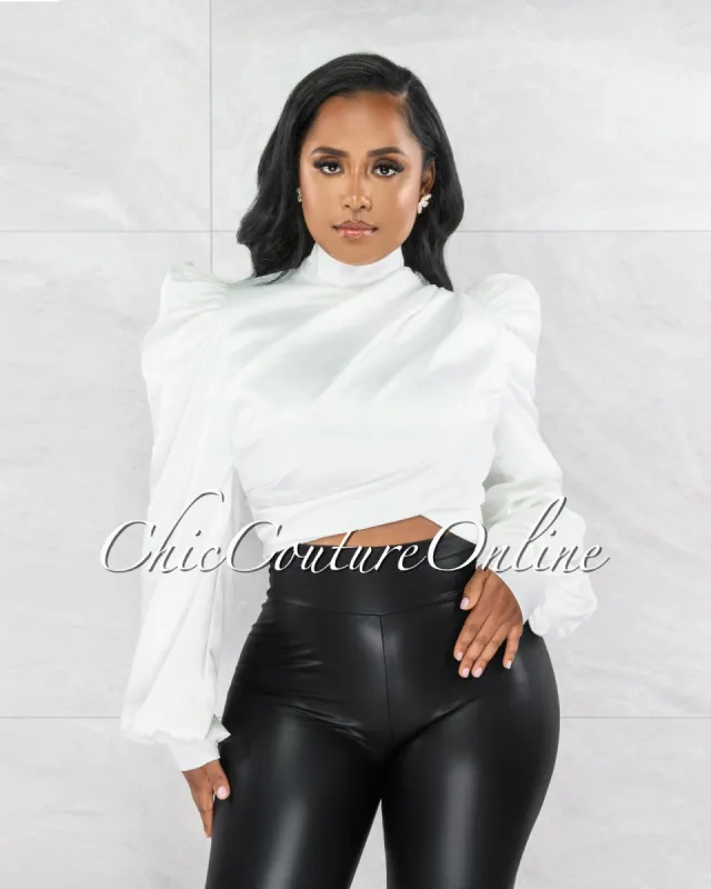 *Karishma White Luxe Satin Draped Blouse sold by Chic Couture