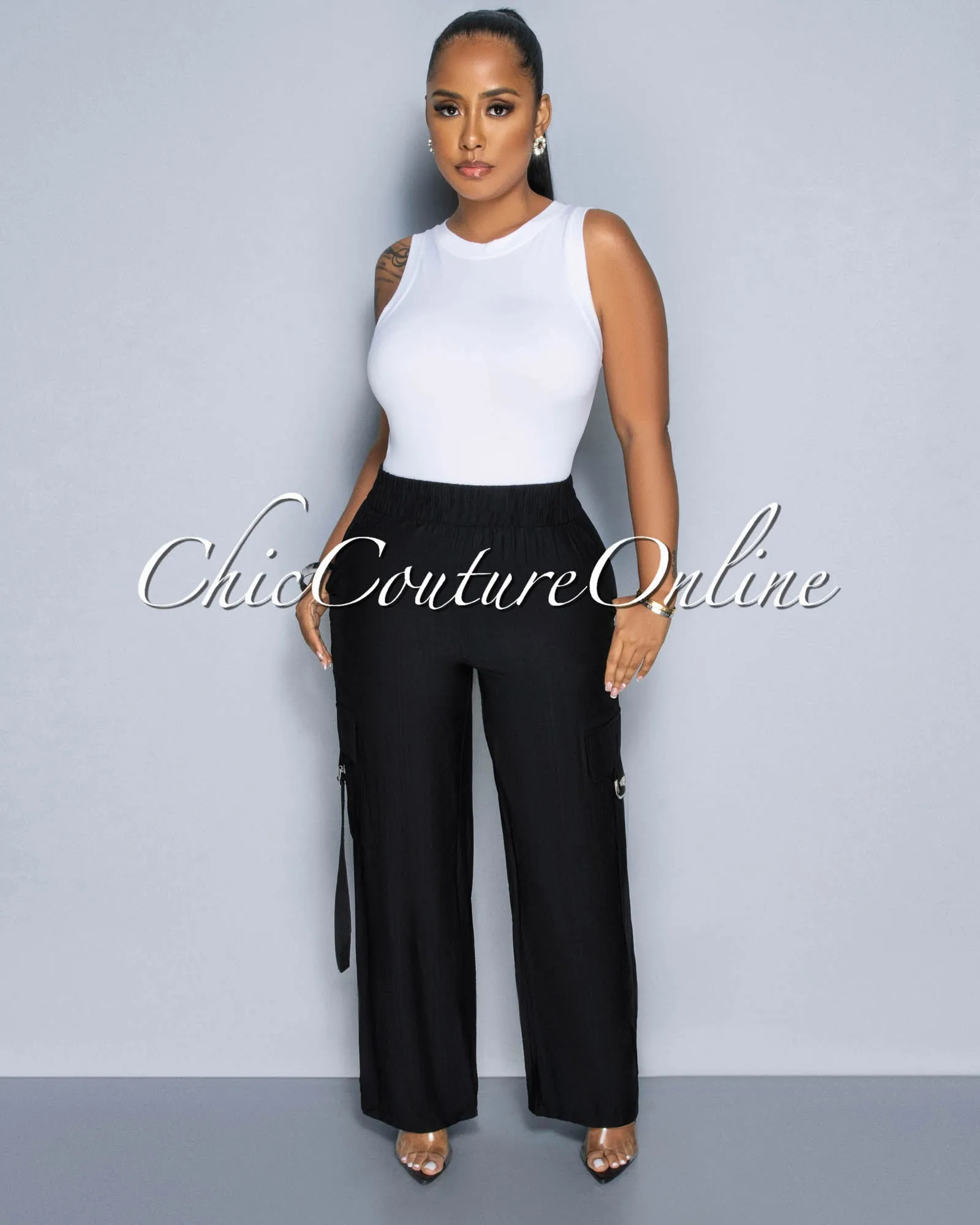 *Dogma Black Wide Cargo Pants sold by Chic Couture