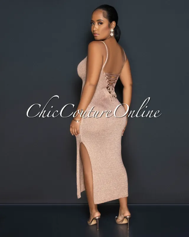 Deany Bronze Shimmer Lace-Up Back Crochet Maxi Dress sold by Chic Couture