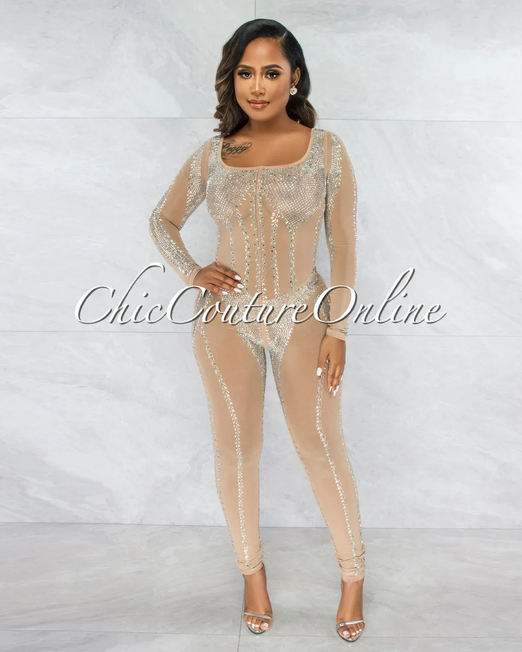 *Davera Nude Rhinestones Mesh Sheer Jumpsuit w Choker sold by Chic Couture product image thumbnail 2