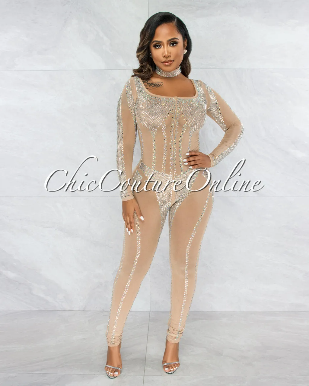 *Davera Nude Rhinestones Mesh Sheer Jumpsuit w Choker sold by Chic Couture product image thumbnail 3