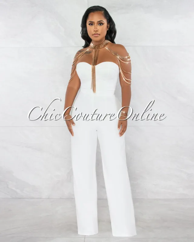 *Gladwin Off-White Gold Collar Accent Strapless Jumpsuit sold by Chic Couture