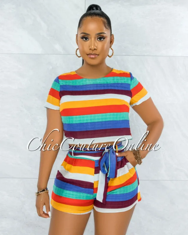 Brice Multi-Color Stripes Crop Top & Shorts Set sold by chic
