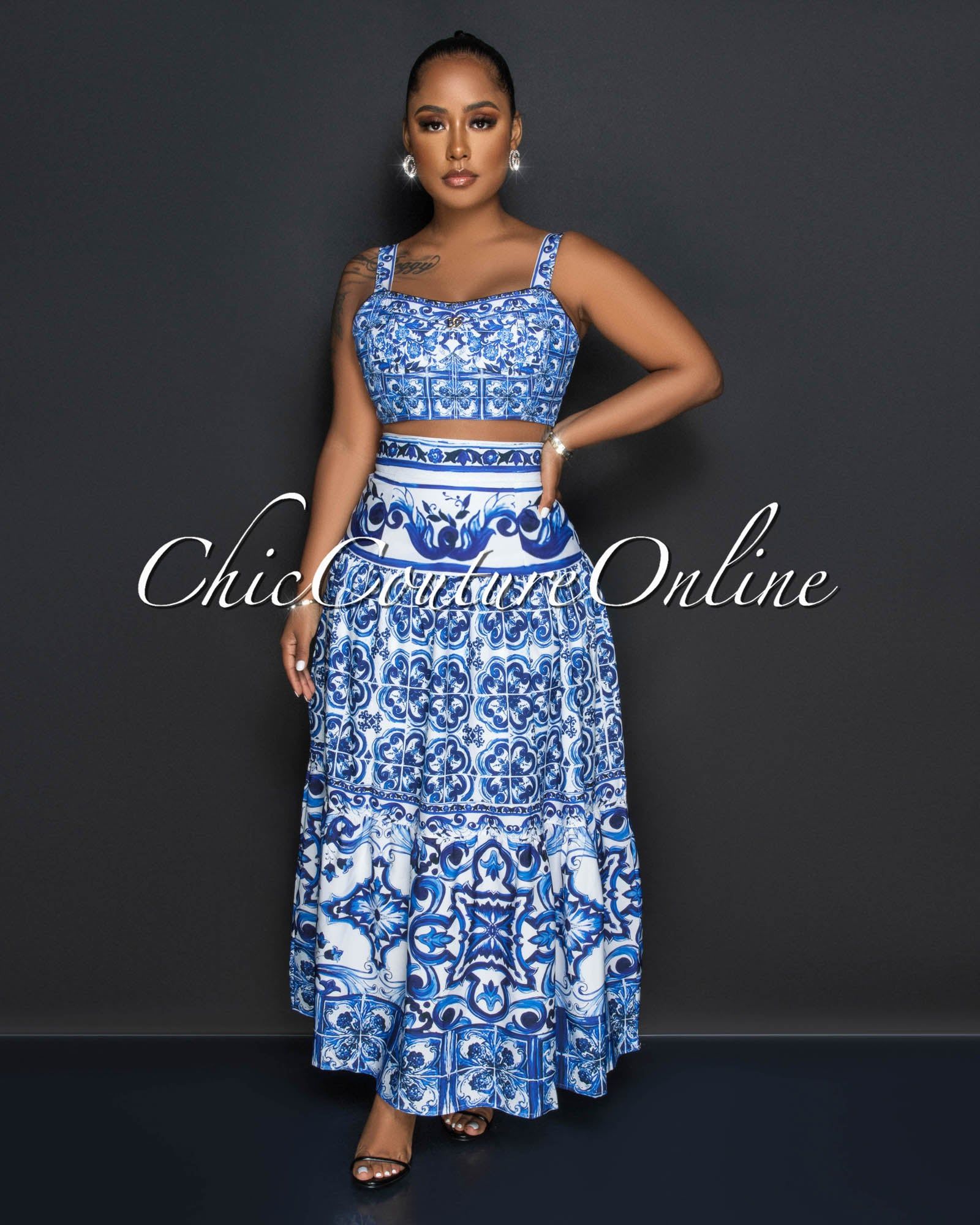 *Obed White Blue Print Crop Top & Maxi Skirt Set sold by Chic Couture