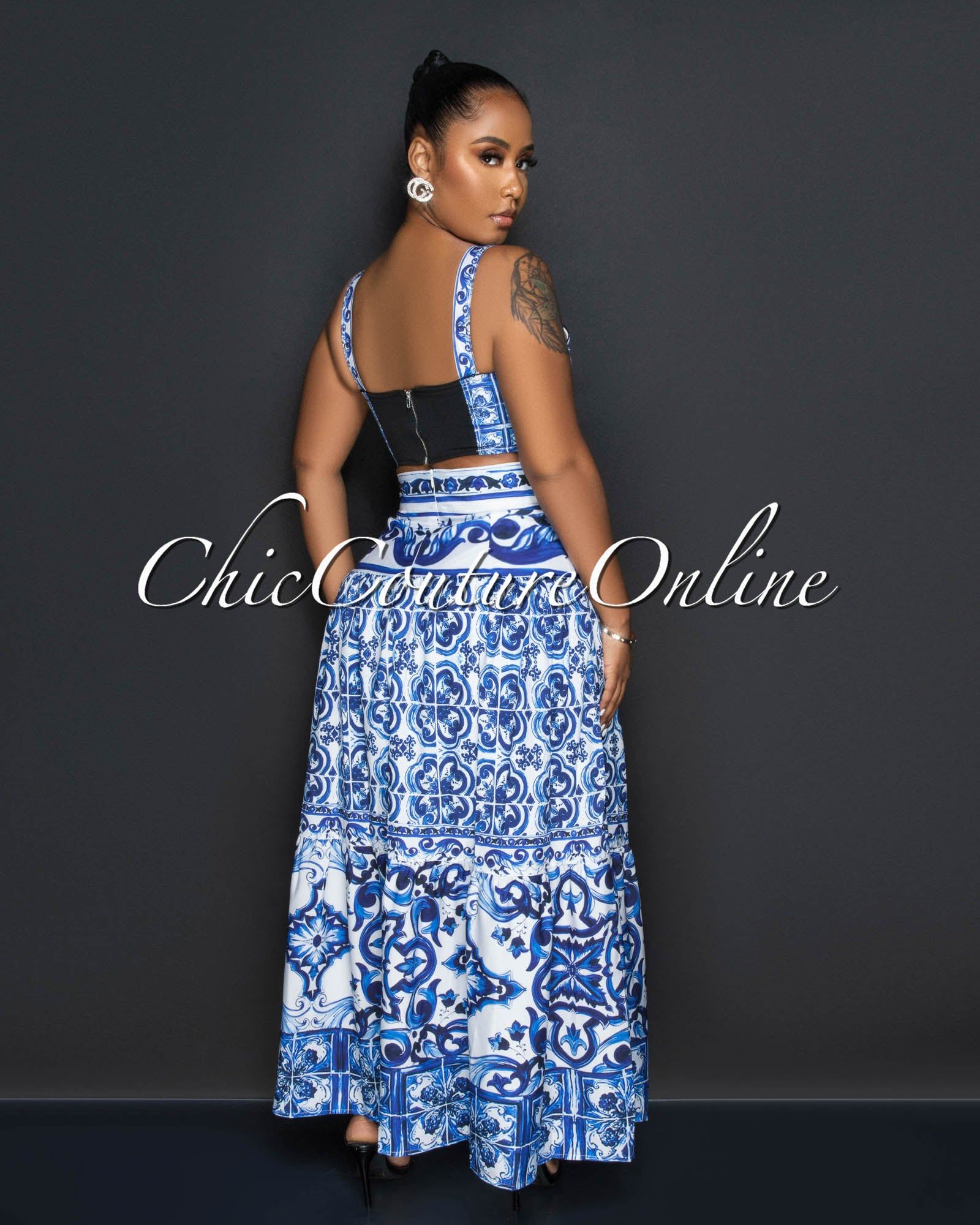 *Obed White Blue Print Crop Top & Maxi Skirt Set sold by Chic Couture product image thumbnail 3