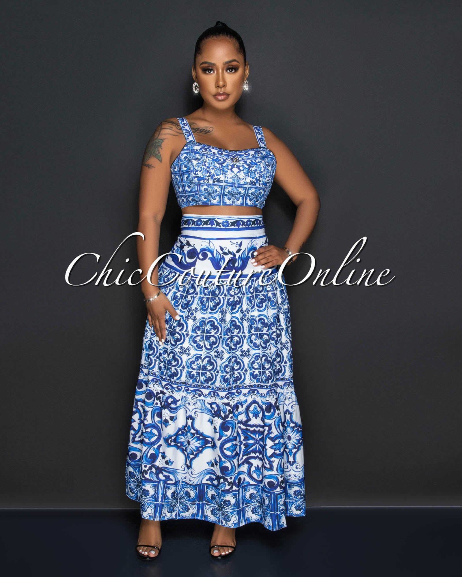 *Obed White Blue Print Crop Top & Maxi Skirt Set sold by Chic Couture product image thumbnail 2