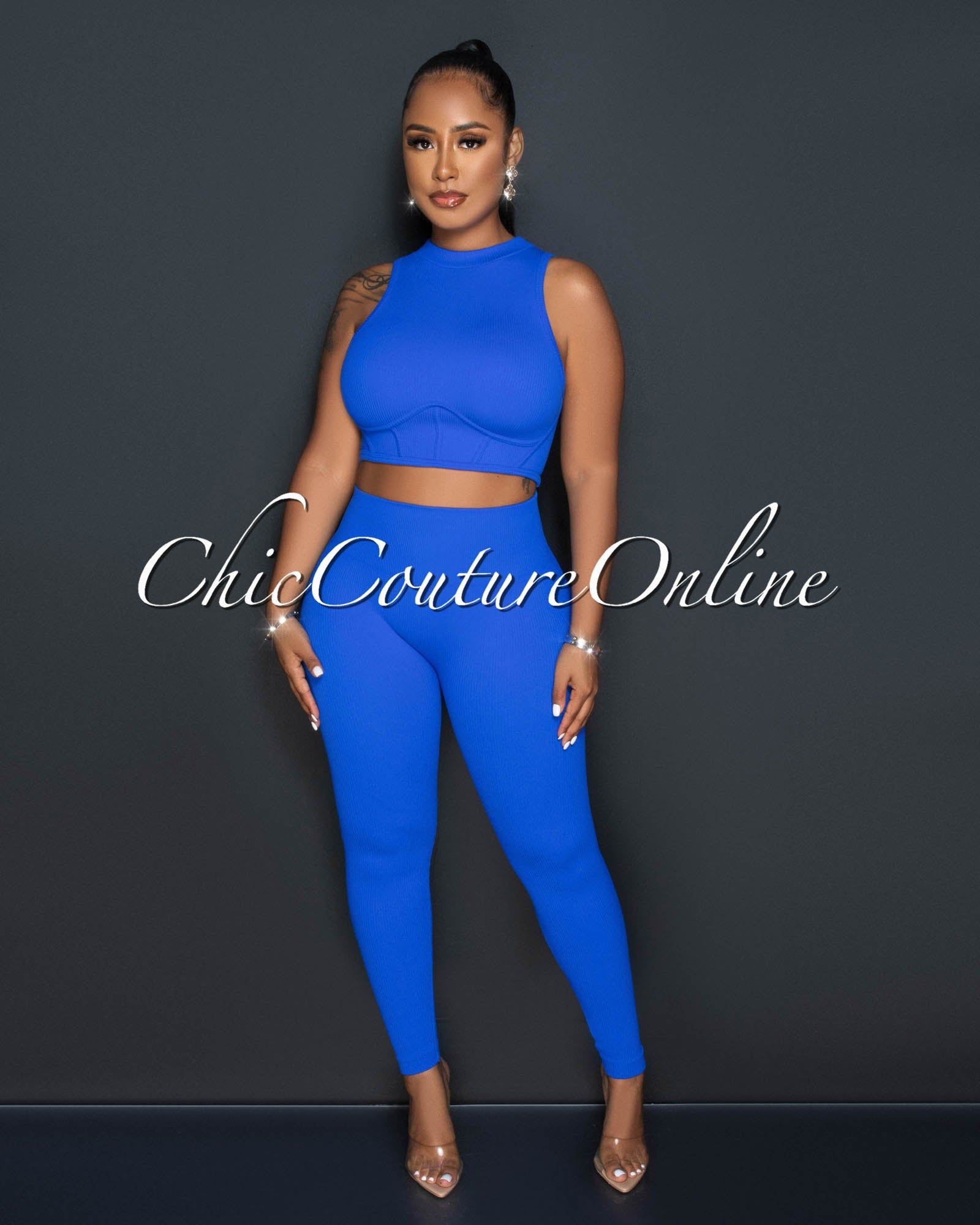 Tracy Blue Ribbed Crop Top & Leggings Sculpting Set sold by Chic Couture
