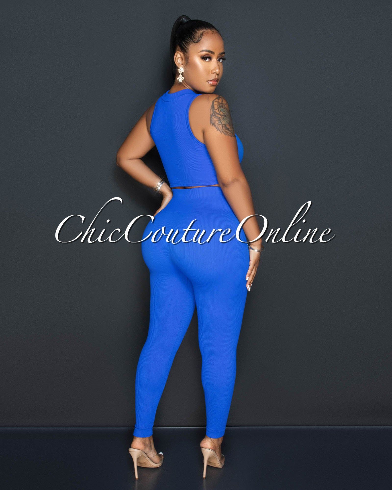 Tracy Blue Ribbed Crop Top & Leggings Sculpting Set sold by Chic Couture product image thumbnail 4