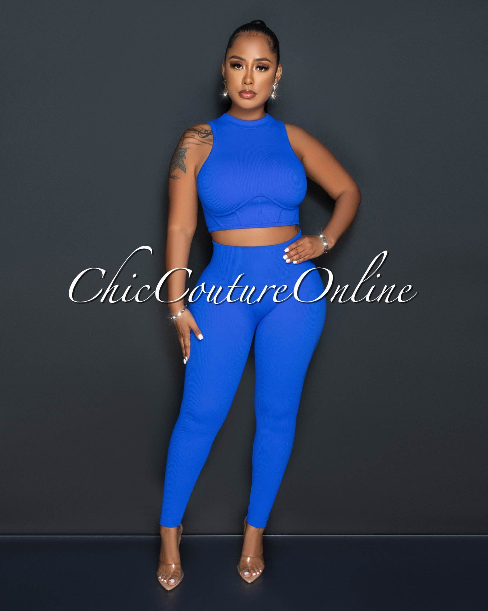 Tracy Blue Ribbed Crop Top & Leggings Sculpting Set sold by Chic Couture product image thumbnail 2