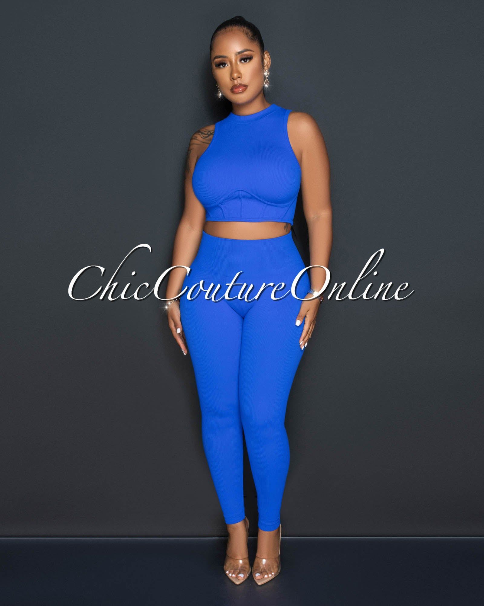 Tracy Blue Ribbed Crop Top & Leggings Sculpting Set sold by Chic Couture product image thumbnail 3