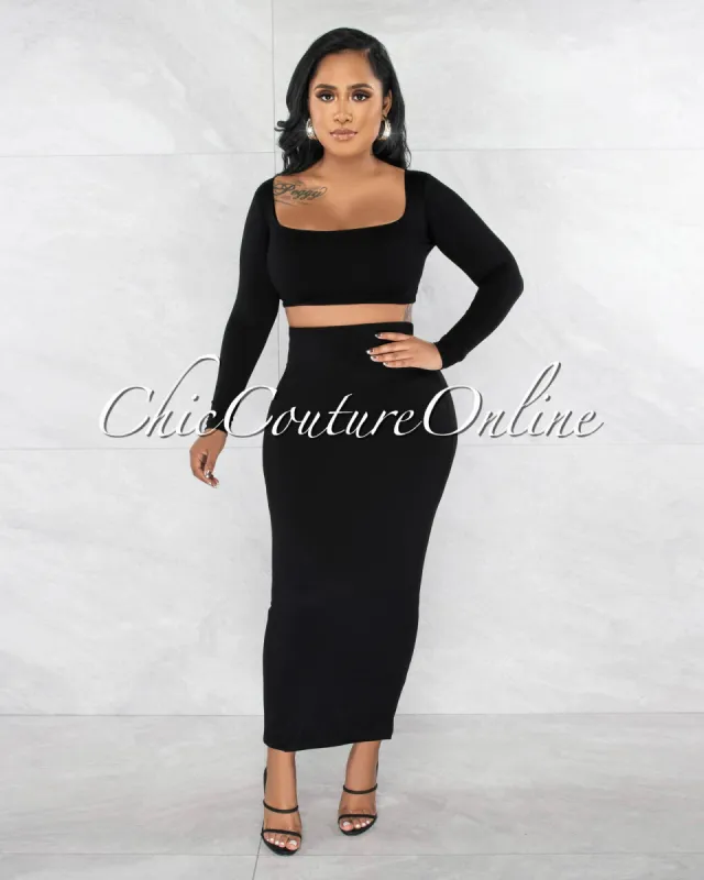 *Tuccia Black Crop Top & Midi Skirt Double Lined Set sold by Chic Couture