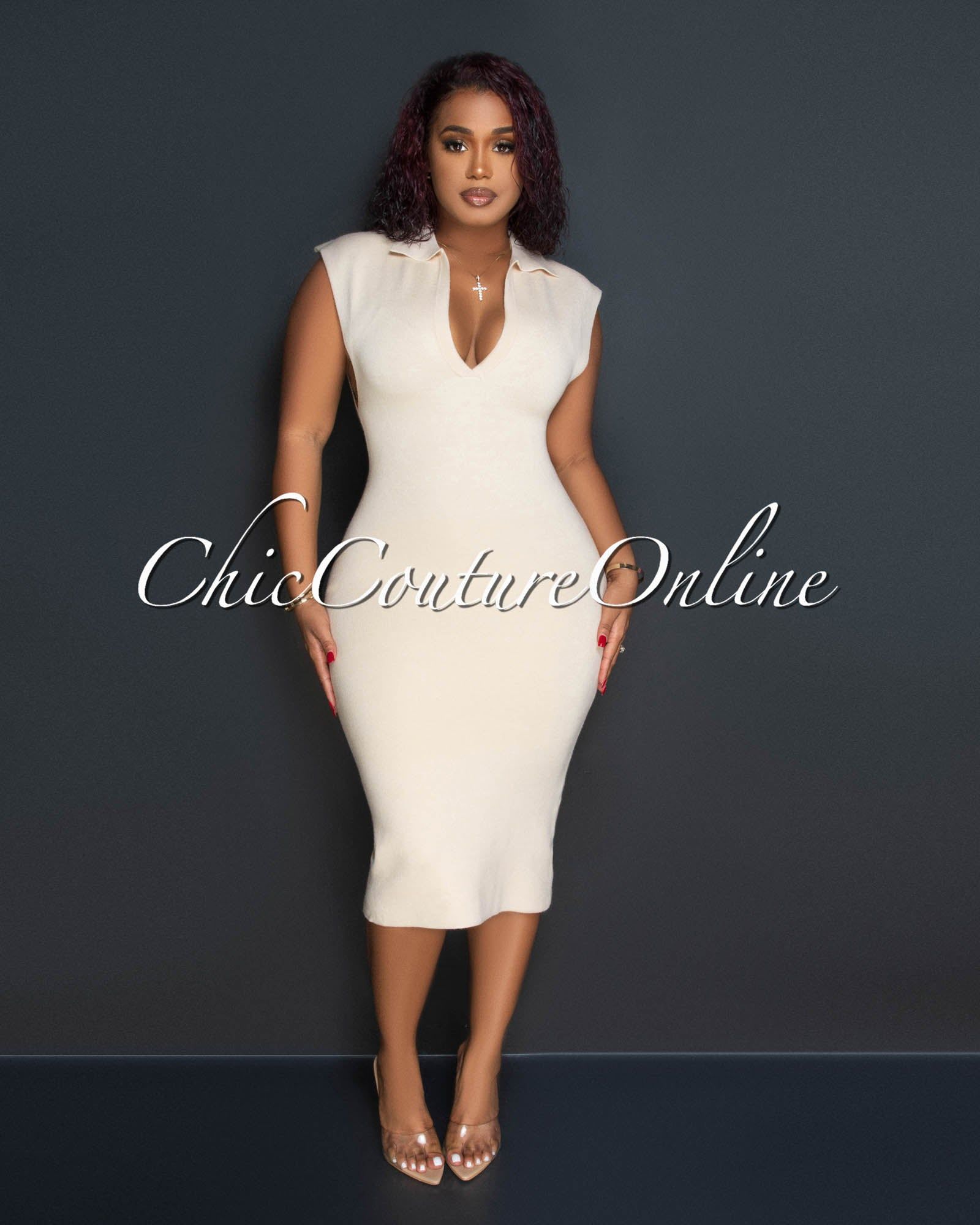 Anita Nude Knit Collared Midi Dress sold by Chic Couture product image thumbnail 2