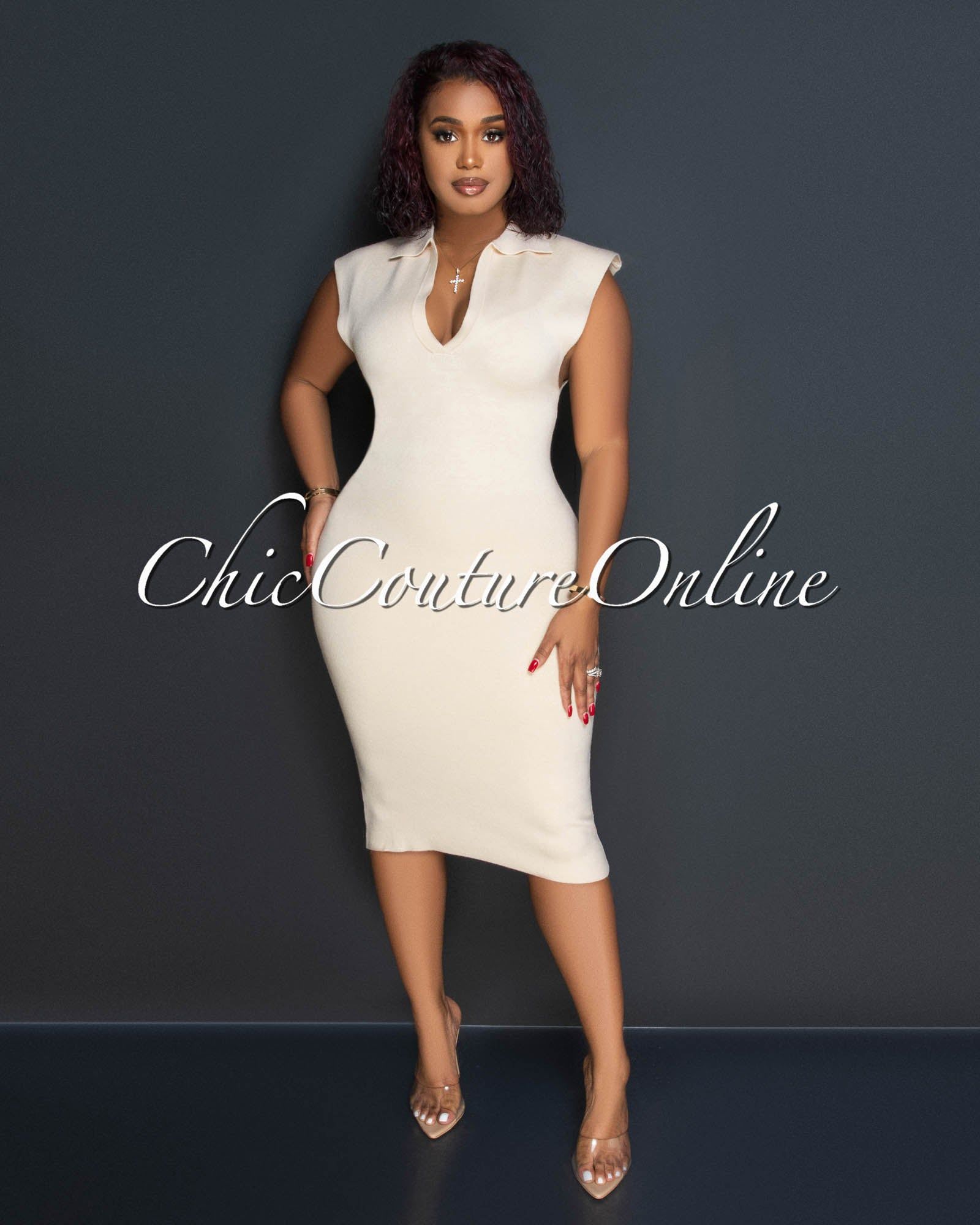 Anita Nude Knit Collared Midi Dress sold by Chic Couture